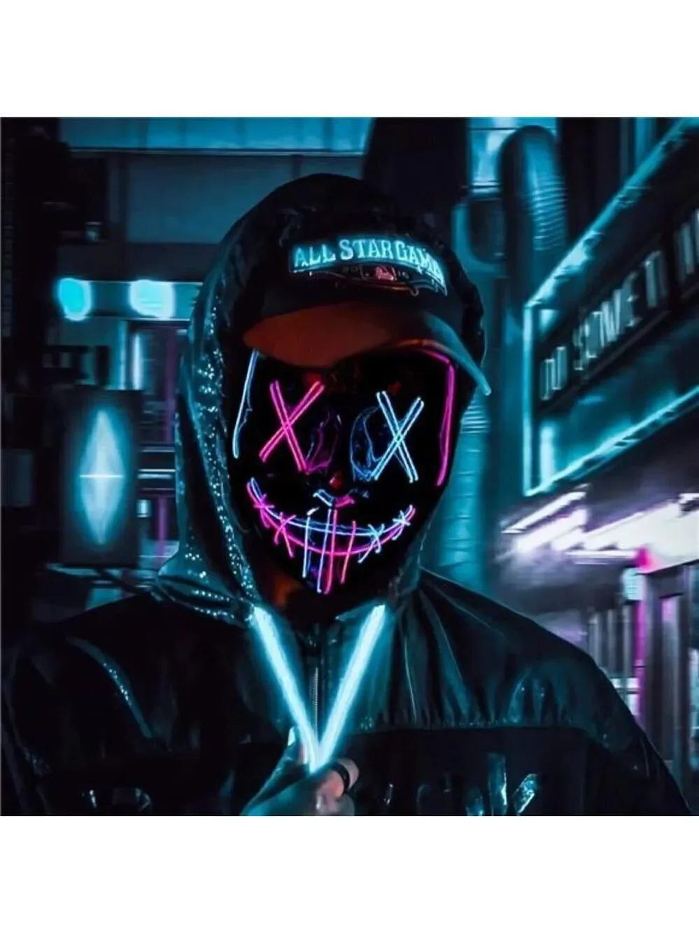 PINK BLUE Halloween Mask LED Light up Scary Festival Cosplay Costume Masquerade